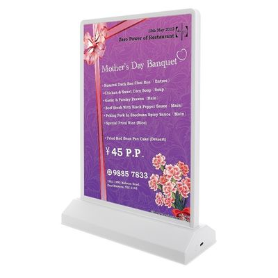 A4/A5 Porteur d'affichage de menu de table à LED acrylique rechargeable avec température de couleur 8000K