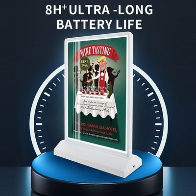 A4/A5 Porteur d'affichage de menu de table à LED acrylique rechargeable avec température de couleur 8000K